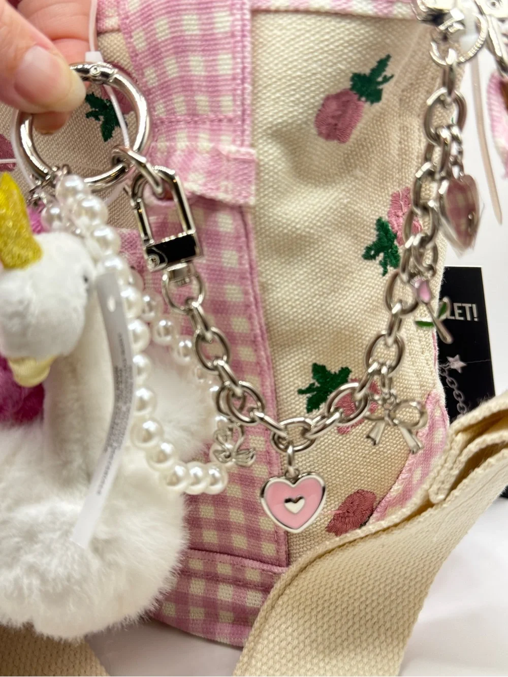 Madden Girl Floral Gingham Mini Tote Crossbody Swan Charm Set NWT